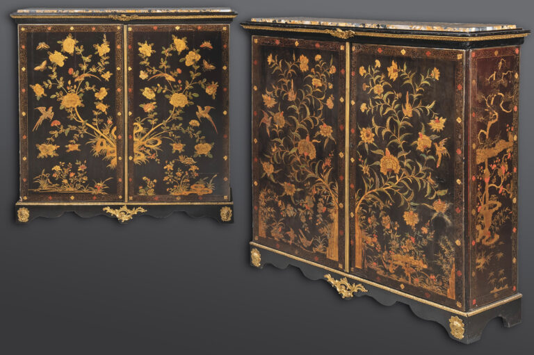 A rare pair of Régence Chinese lacquer and japanned wood cabinets